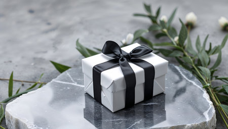 Minimal watercolor composition featuring a small white gift box tied with a black ribbon, placed on a marble memorial stone. Clean, symbolic, emotional still life suitable for themes of remembrance, sympathy, and commemorative design.の素材