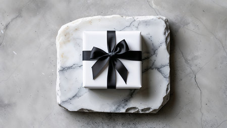 Minimal watercolor composition featuring a small white gift box tied with a black ribbon, placed on a marble memorial stone. Clean, symbolic, emotional still life suitable for themes of remembrance, sympathy, and commemorative design.の素材