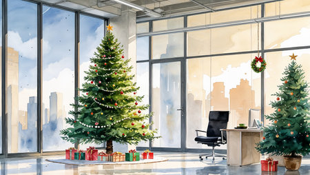 A cozy watercolor illustration of a decorated Christmas tree inside a modern office, standing beside large glass windows with natural light. Festive ornaments, garlands, and gift boxes create a warm holiday atmosphere.の素材