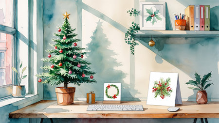 Watercolor illustration of a small decorated Christmas tree and a holiday card placed on a clean office shelf. Soft lighting and gentle pastel colors.の素材