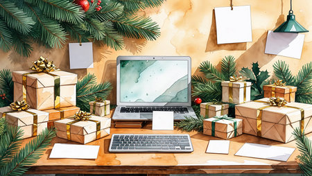 Watercolor illustration of an office desk decorated with wrapped gifts, holiday cards, pine branches, and soft warm lighting. A tidy, minimalist workspace with festive charmの素材