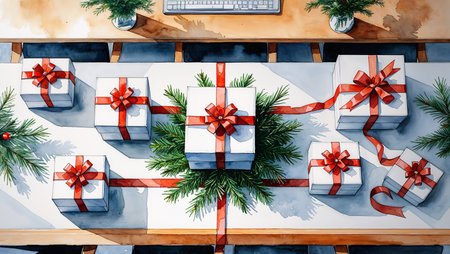 Watercolor illustration of neatly arranged corporate gift boxes on a conference room table with evergreen sprigs and elegant ribbons. Professional and festive.の素材