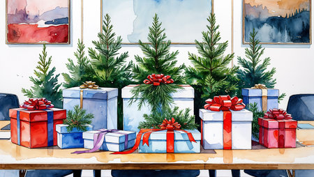 Watercolor illustration of neatly arranged corporate gift boxes on a conference room table with evergreen sprigs and elegant ribbons. Professional and festive.の素材