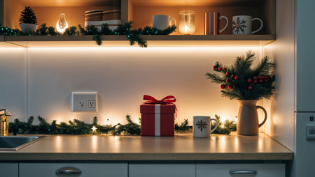 A small Secret Santa gift box on a modern office kitchenette counter, surrounded by subtle holiday decor.の素材