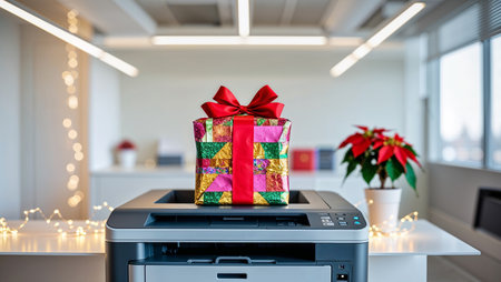 An amusing Secret Santa gift placed on top of a modern office printer with subtle festive decor.の素材