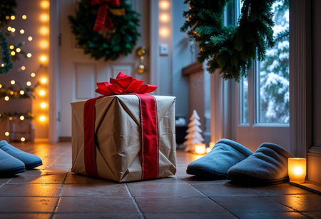 A wrapped Secret Santa gift placed on a cozy home hallway floor near a decorated door with warm lighting.の素材