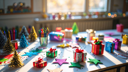 A colorful craft table filled with paper snowflakes, glitter, tiny gifts, markers, ribbons, and a small Christmas tree, illustrated in a lively kid-friendly winter styleの素材