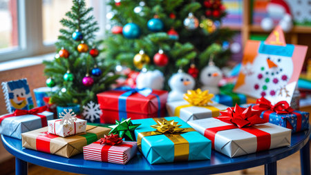 A festive table in an elementary classroom decorated with wrapped Christmas gifts, pine branches, colorful ornaments, and winter crafts. The scene is tidy, cheerful, and filled with bright holiday atmosphereの素材
