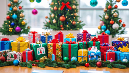 A festive table in an elementary classroom decorated with wrapped Christmas gifts, pine branches, colorful ornaments, and winter crafts. The scene is tidy, cheerful, and filled with bright holiday atmosphereの素材