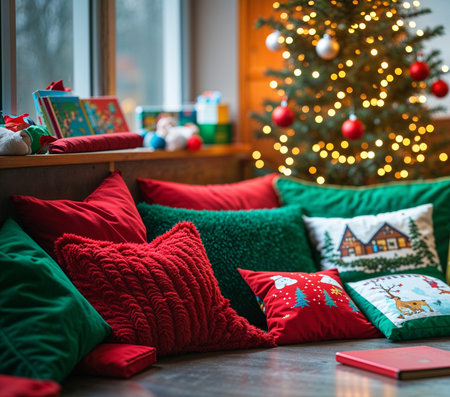 A warm preschool reading corner decorated with a tiny Christmas tree, soft cushions, twinkling lights, and small gift boxes, illustrated in a soft, friendly holiday style.の素材