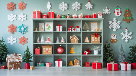 A neat kindergarten shelf filled with small holiday gifts, handmade decorations, stars, toy trees, and festive winter elements, illustrated softlyの素材