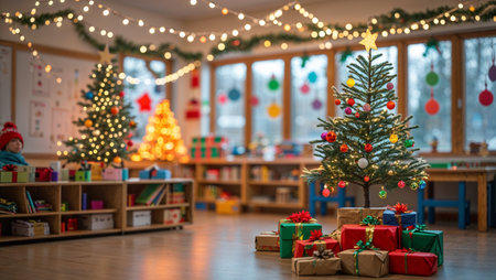 A cozy classroom decorated for Christmas with a small festive tree, colorful ornaments, wrapped gifts, and gentle warm lighting, created in a cheerful child-friendly styleの素材