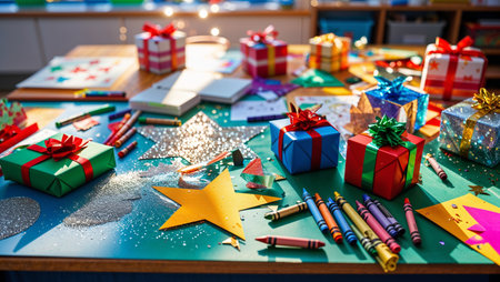 A colorful craft table filled with paper snowflakes, glitter, tiny gifts, markers, ribbons, and a small Christmas tree, illustrated in a lively kid-friendly winter styleの素材