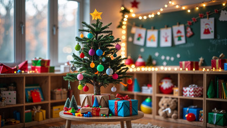 A cozy classroom decorated for Christmas with a small festive tree, colorful ornaments, wrapped gifts, and gentle warm lighting, created in a cheerful child-friendly styleの素材