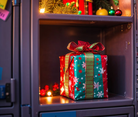 A kindergarten cubby locker slightly open with a wrapped Christmas gift inside, illuminated by soft festive lighting. Colorful labels and a playful atmosphere create a warm holiday mood in this people-free Christmas scene.の素材