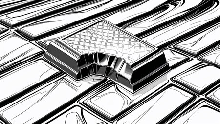 Black-and-white lineart of a chocolate bar with a bitten corner, designed as a children's coloring page.の素材