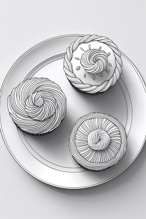 Black-and-white outline illustration of three pastries arranged on a plate, designed as a clean and cute coloring page.の素材