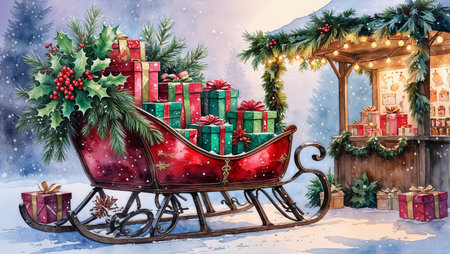 A vintage wooden cart loaded with wrapped gifts, ornaments, and candy canes at a Christmas fair in watercolor style.の素材