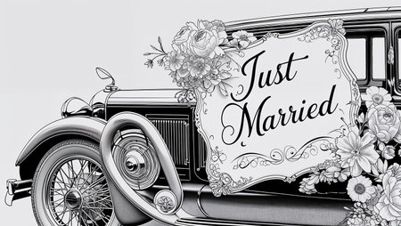 Vintage wedding car with flowers and âJust Marriedâ decoration in line art style.の素材