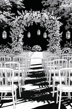 Romantic wedding venue setup with chairs and arch, outlined in black and white.の素材