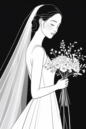 Bride holding a bouquet, outlined in clean black and white line art for coloringの素材