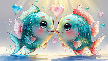Playful watercolor illustration of two fish kissing with heart-shaped bubbles.の素材