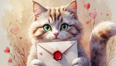 Adorable fluffy watercolor cat holding a love letter envelope in soft pastel tones.の素材