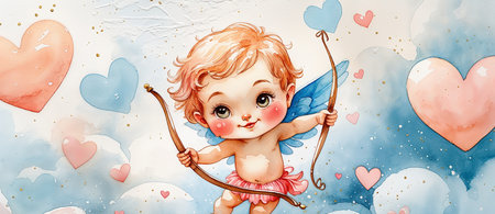 A playful watercolor cupid illustration perfect for Valentine's cards and romantic designs.の素材