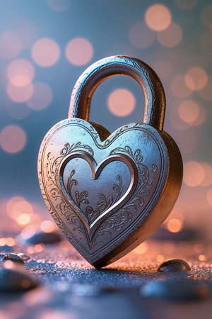 Romantic watercolor padlock with engraved heart and soft metallic texture against a subtle dreamy background.の素材
