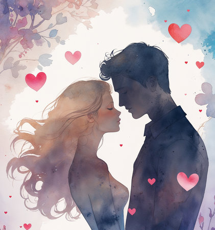 Artistic watercolor silhouette of a loving couple surrounded by hearts â elegant and timeless.の素材