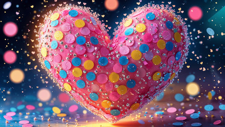 Bright watercolor heart made of sparkling confetti dots with glowing festive texture.の素材