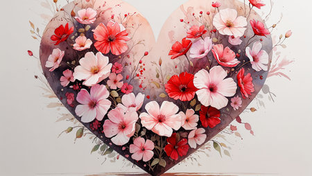 Beautiful heart made of watercolor florals, symbolizing romance and elegance.の素材