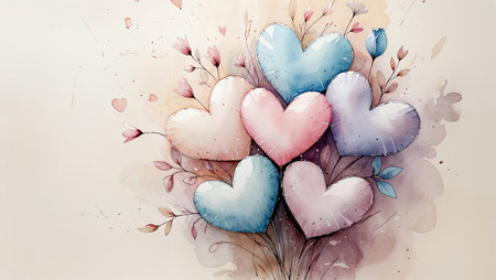 Delicate pastel watercolor hearts with smooth gradients and a light romantic mood on a clean white background.の素材