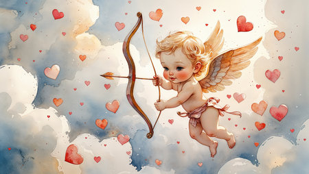 A playful watercolor cupid illustration perfect for Valentine's cards and romantic designs.の素材