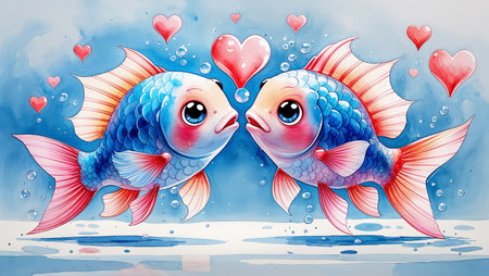 Playful watercolor illustration of two fish kissing with heart-shaped bubbles.の素材