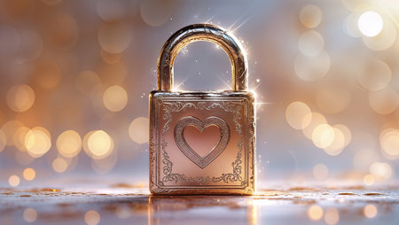 Romantic watercolor padlock with engraved heart and soft metallic texture against a subtle dreamy background.の素材