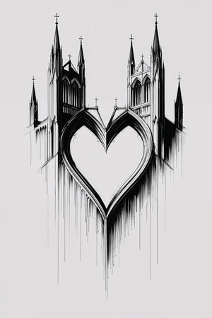 Minimal gothic Valentine illustration featuring a cathedral arch forming a heart shape, sharp vertical lines, black ink aesthetic, restrained composition, and a modern sacred romance atmosphere.の素材