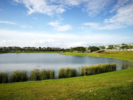 landscape with lake and blue skyのeditorial素材