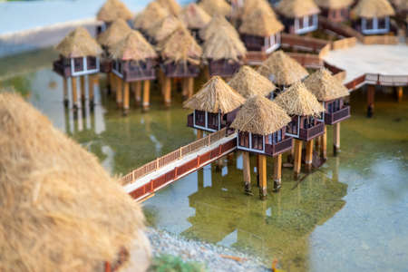Putrajaya, Malaysia - September 6, 2019 :   Avani Sepang Goldcost Resort miniature. Avani is a five star resort hotel and the floating villas from above is look alike a palm trees.のeditorial素材