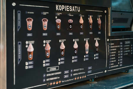 Putrajaya, Malaysia - September 6, 2019 :   Kopiesatu food truck menu, offering various flavours of coffee.のeditorial素材