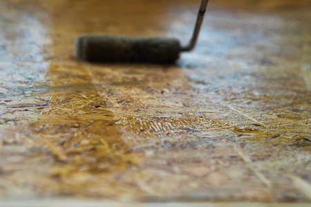 Roller paint brush lacquered osb wooden board. DIY, carpenting and construction concept.の写真素材