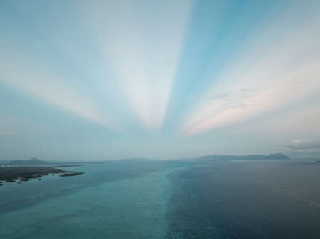 Aerial view of beautiful landscape near the island and sea gypsy water village with the water chalet...