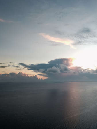 Aerial view of beautiful landscape near the island and sea gypsy water village with the water chalet stilt house during sunrise in Bum Bum island Semporna, Sabah, Malaysia.の写真素材