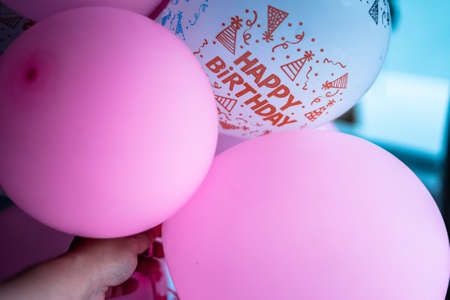 Happy Birthday colourful balloons together. Natural lights, selective focus.の写真素材
