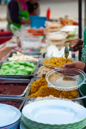 Thailand breakfast hawker Halal stall selling all kinds of foods in Aonang, Krabi.の写真素材