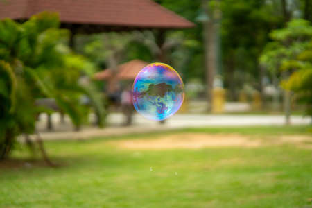 Close up Soap bubbles floating in the garden park.(Selective focus)