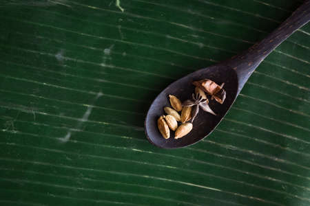 Cooking spices on banana leaf. Cardamom and star anise on a wooden spatula. Buah pelaga, bunga lawang,の写真素材