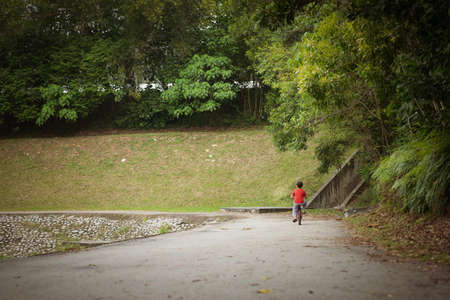 Child boy on a bicycle in the tropical forest. Boy cycling outdoors.の写真素材