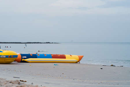 Negeri Sembilan, Malaysia - Sept 26, 2020:  Banana boat water craft at Port Dickson.