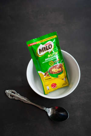 Kuala Lumpur, Malaysia - Nov 7 2020: NestlÃ© Milo breakfast energy drink sachet. Banana flavour.のeditorial素材